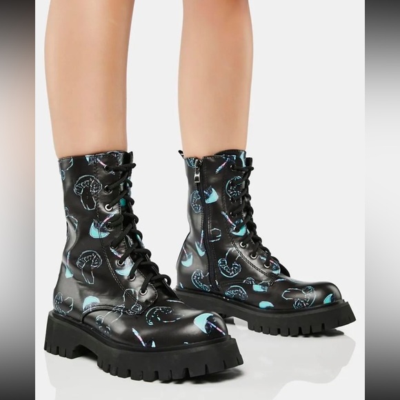 Dolls Kill Shoes - Dolls Kill Koi Chrome Mushroom Lace Up Combat Boots Size 5